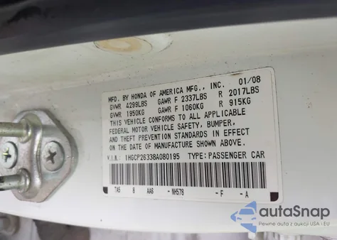 2008 Honda Accord from USA, damaged, VIN 1HGCP2633BA080195